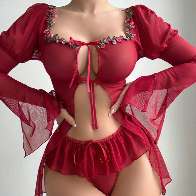 Image of Cross-border new European and beautiful erotic underwear sexy mesh see-through floral slip dress nightdress home pajamas temptation